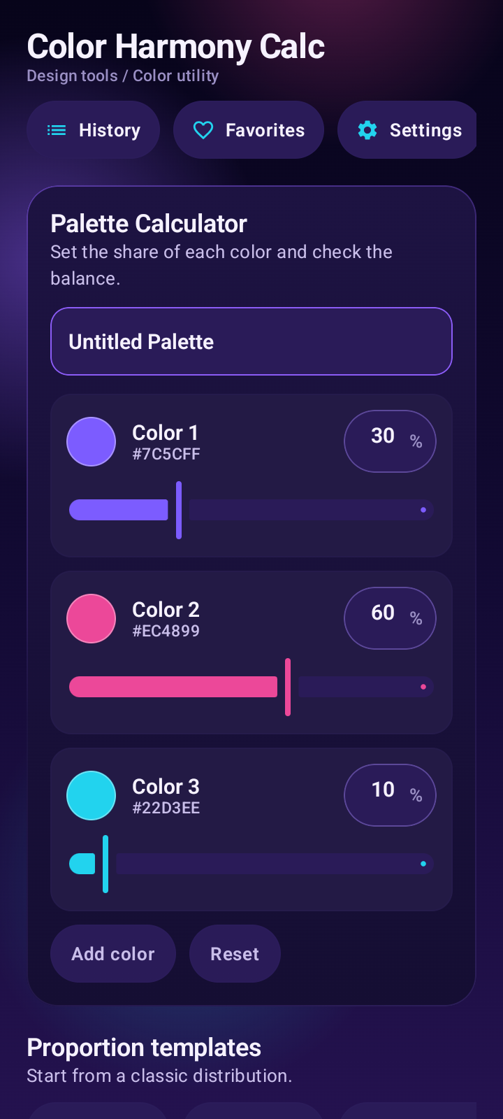 Color Harmony Calc palette calculator screen