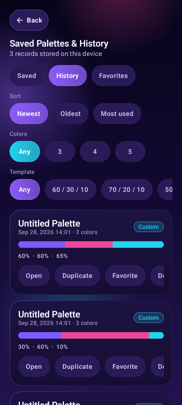 Color Harmony Calc saved palettes and history screen