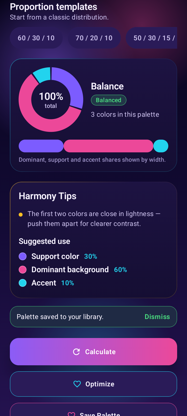 Color Harmony Calc templates and harmony tips screen